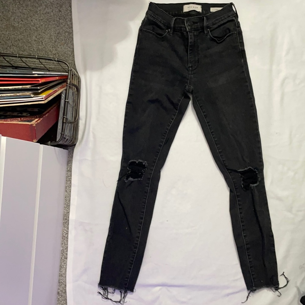 high rise black ankle jeggings from pacsun with knee rips